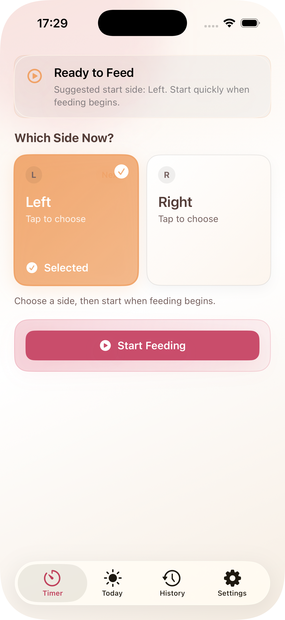 Feeding Timer - Lite mobile screen showing timer interface
