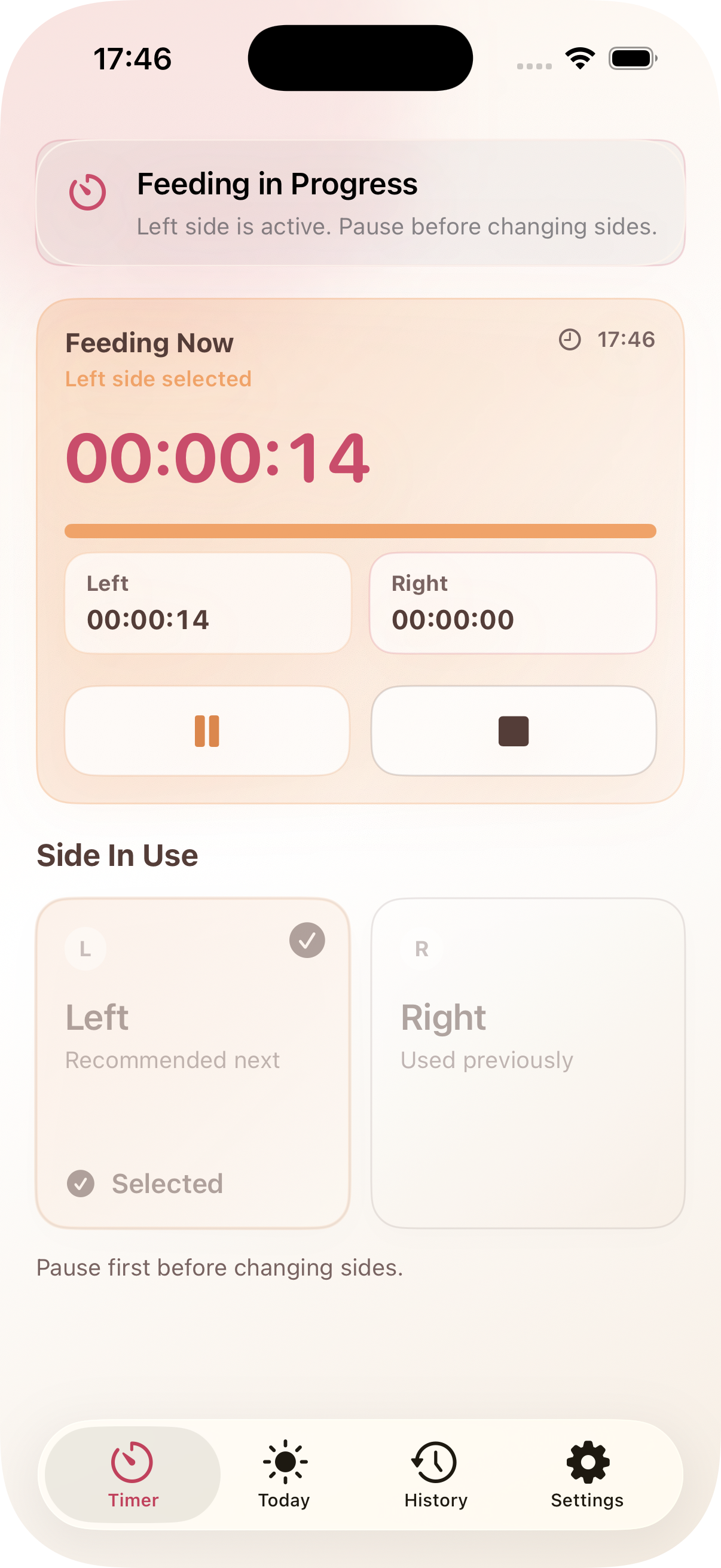 Active feeding timer showing elapsed time and breast side